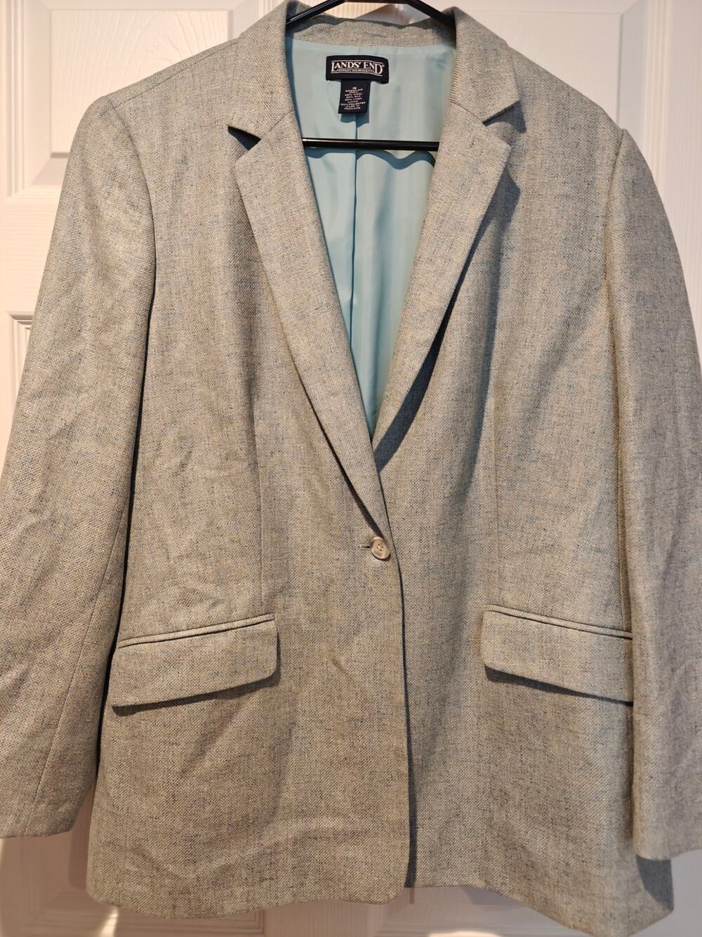 Vintage Lands' End Sage Green / Light Blue / Heathered Tweed SingleButton Blazer